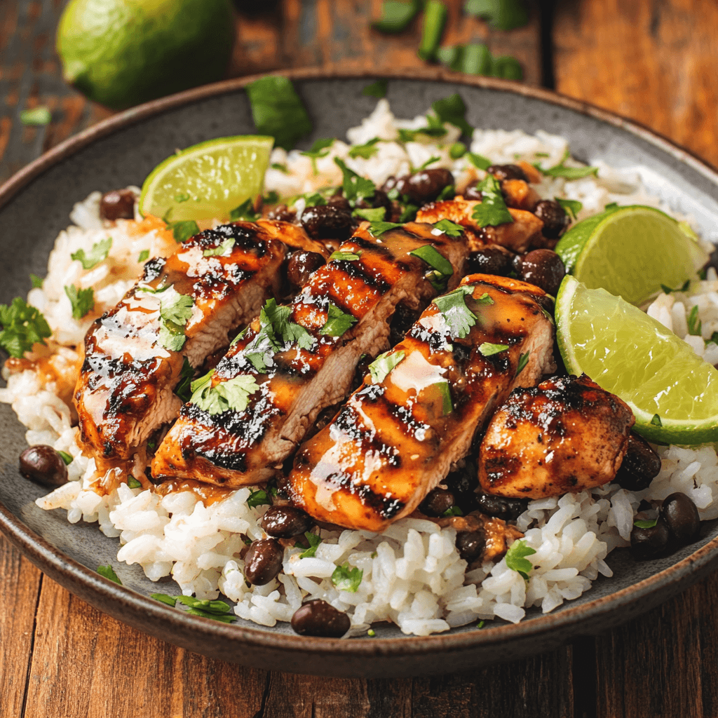 A plate of Chili’s Margarita Grilled Chicken with rice and beans.