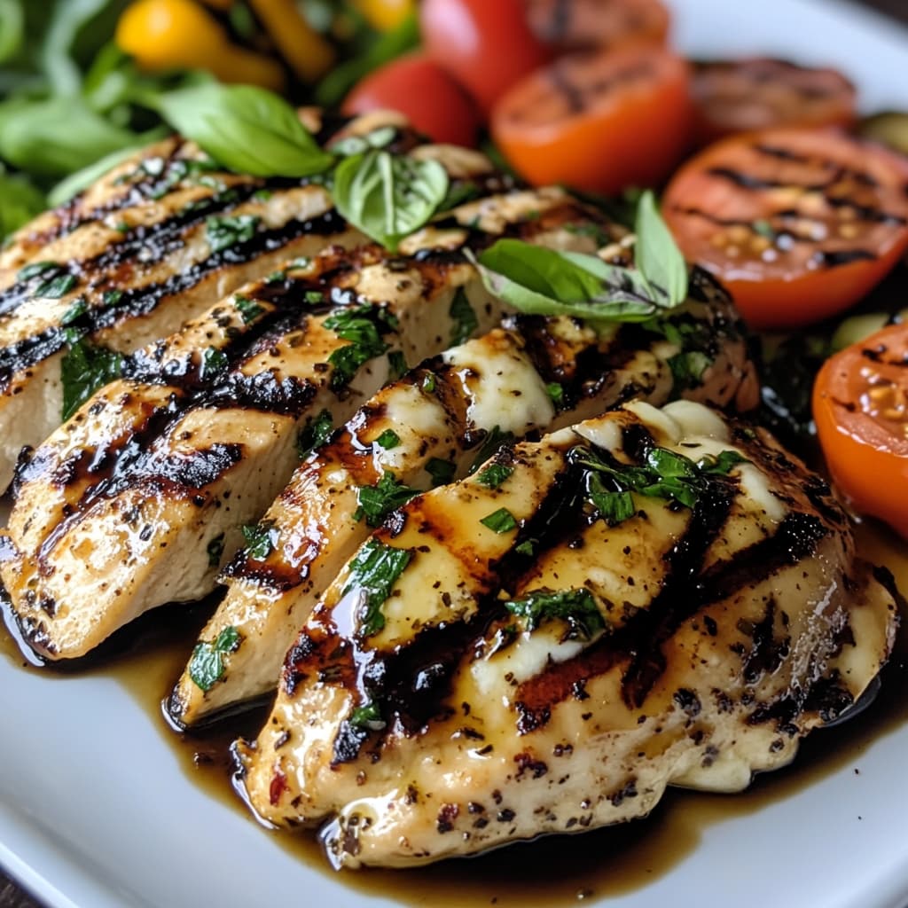 Grilled Chicken Margherita with mozzarella, tomatoes, and basil.