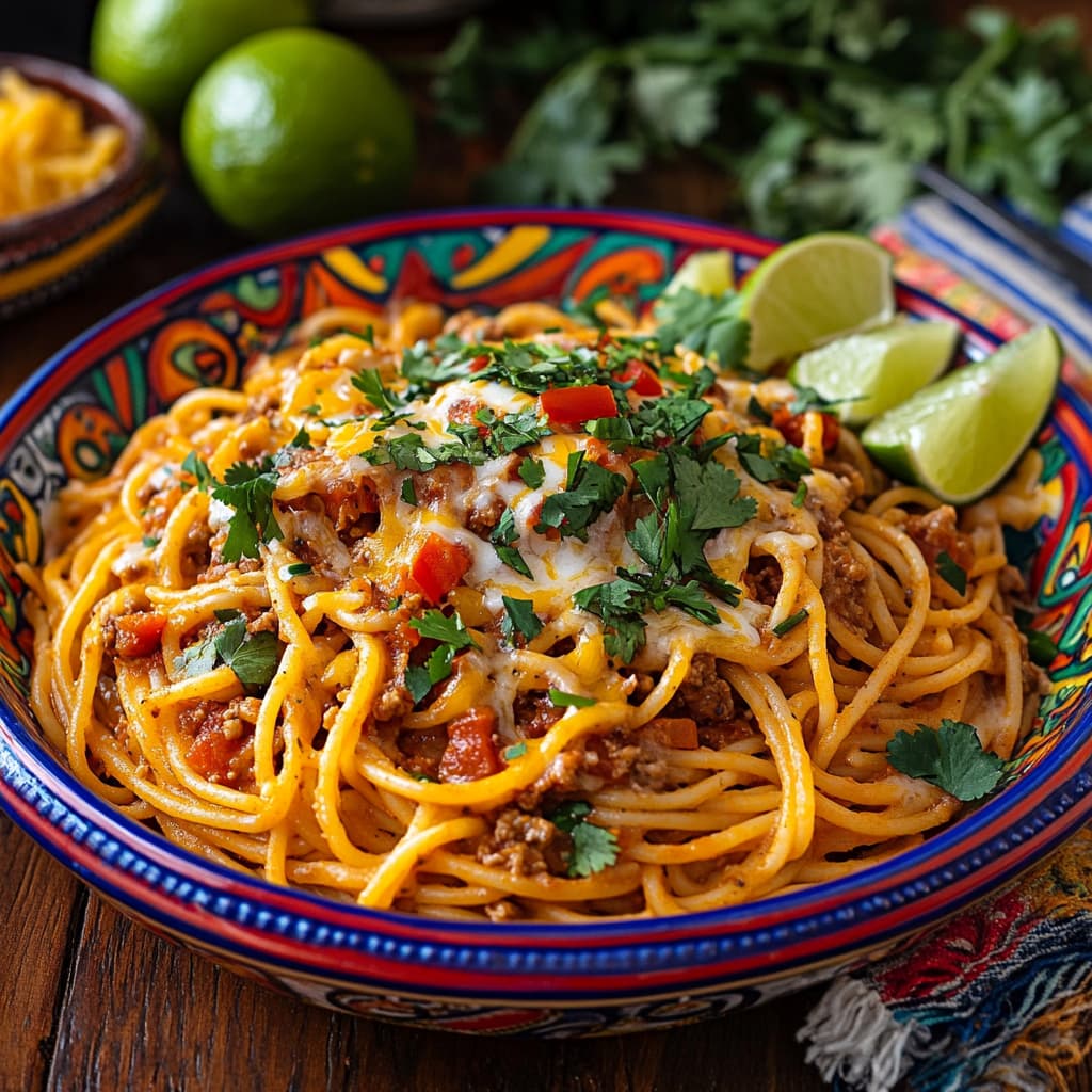 A plate of Mexican spaghetti garnished with cheese and cilantro.