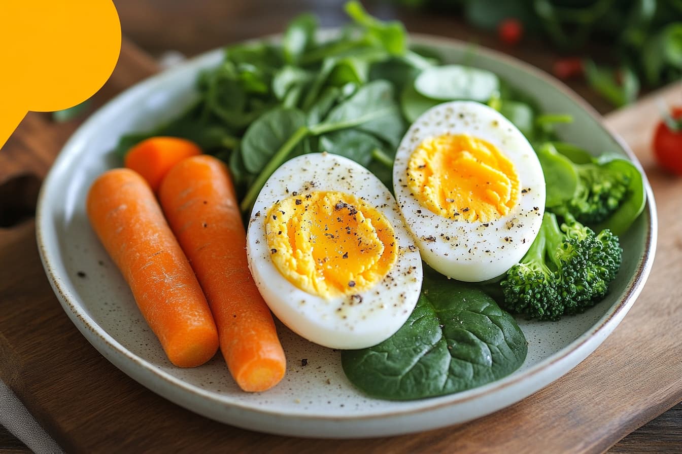 Boiled eggs with fresh vegetables.