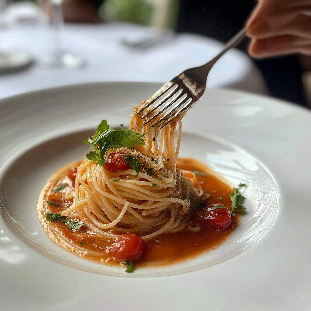 A perfectly plated spaghetti dish on a white plate, with a fork twirling a bite.