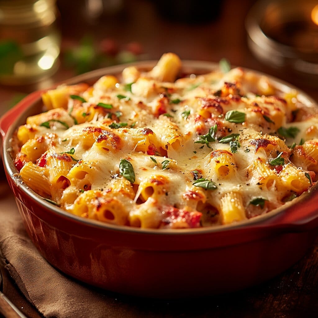 Delicious pasta bake served in a casserole dish.