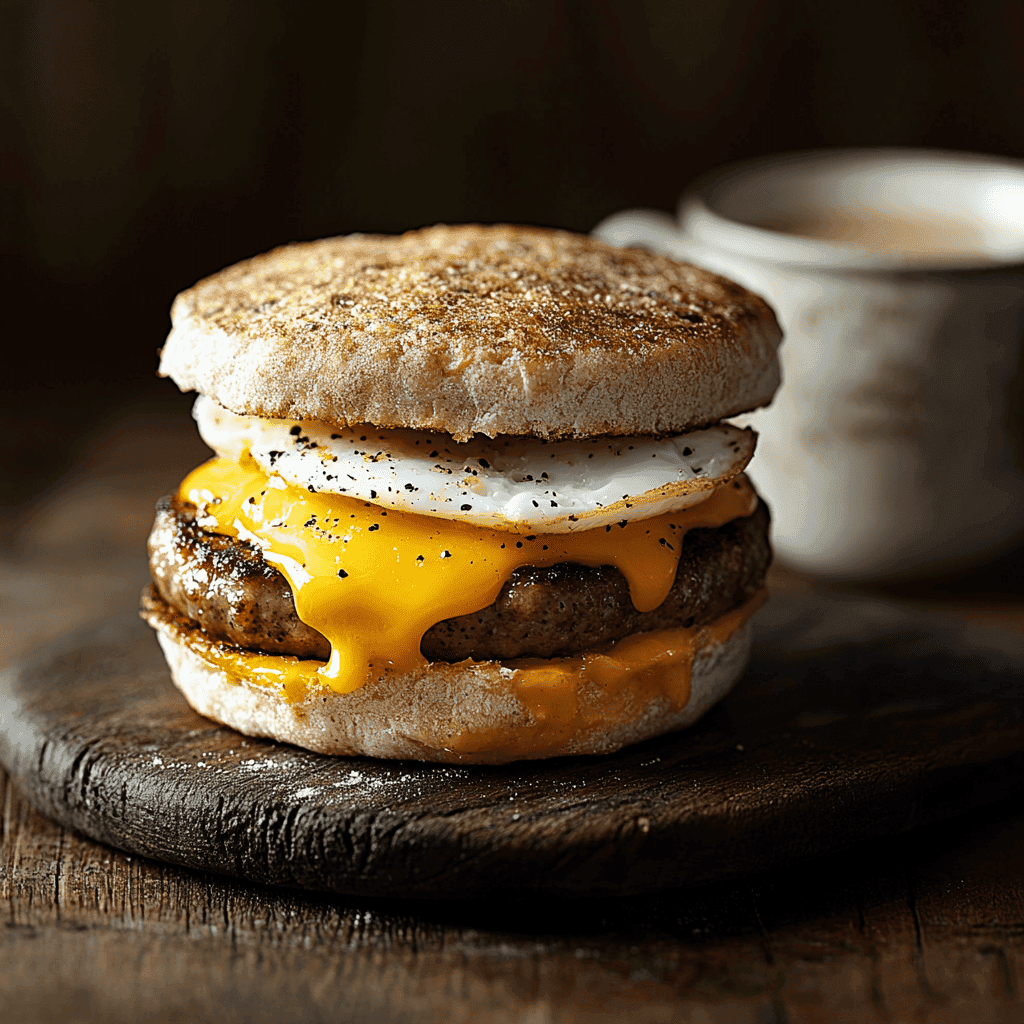 A sausage muffin on a plate with a side of coffee.