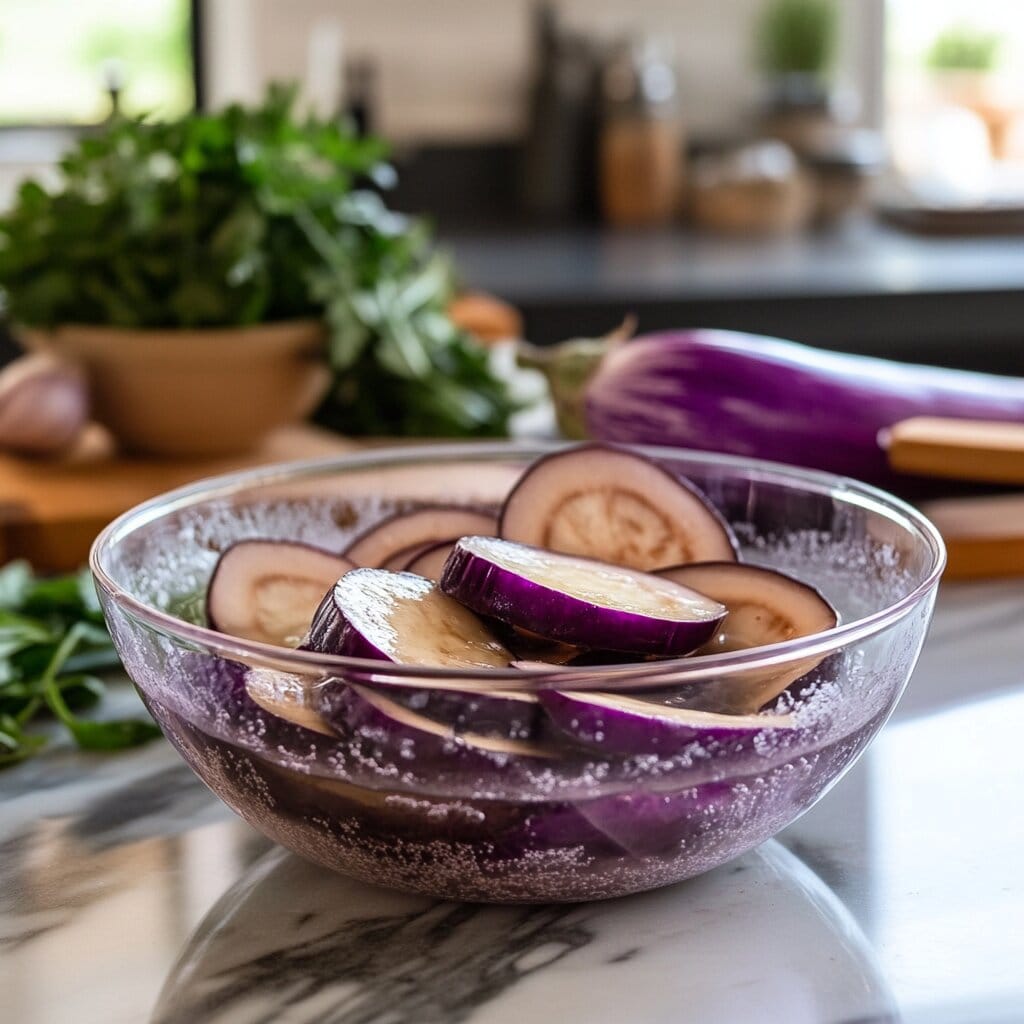 A bowl of sliced eggplants soaking in salted water.