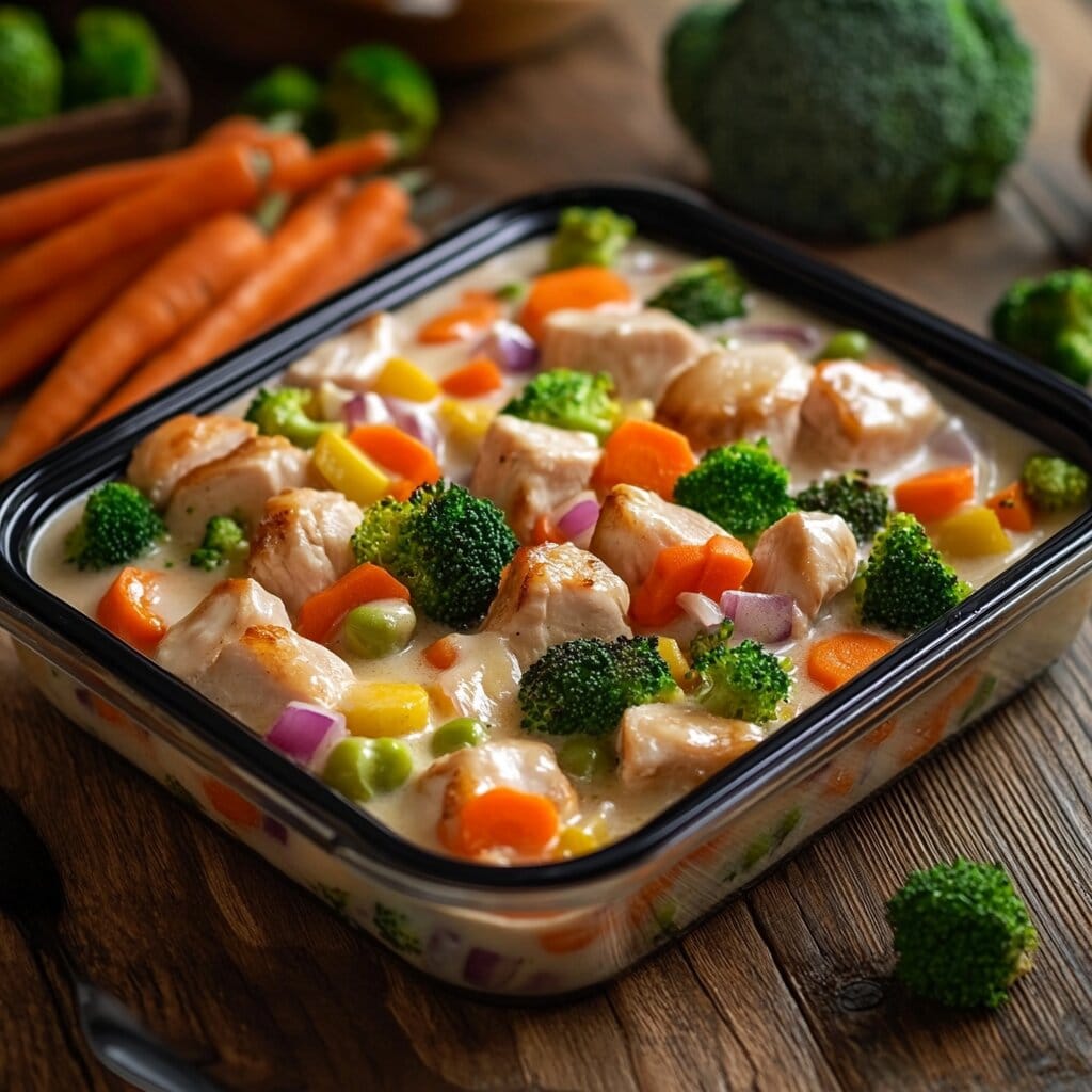 Raw chicken prepared for a casserole with vegetables and sauce in a baking dish.