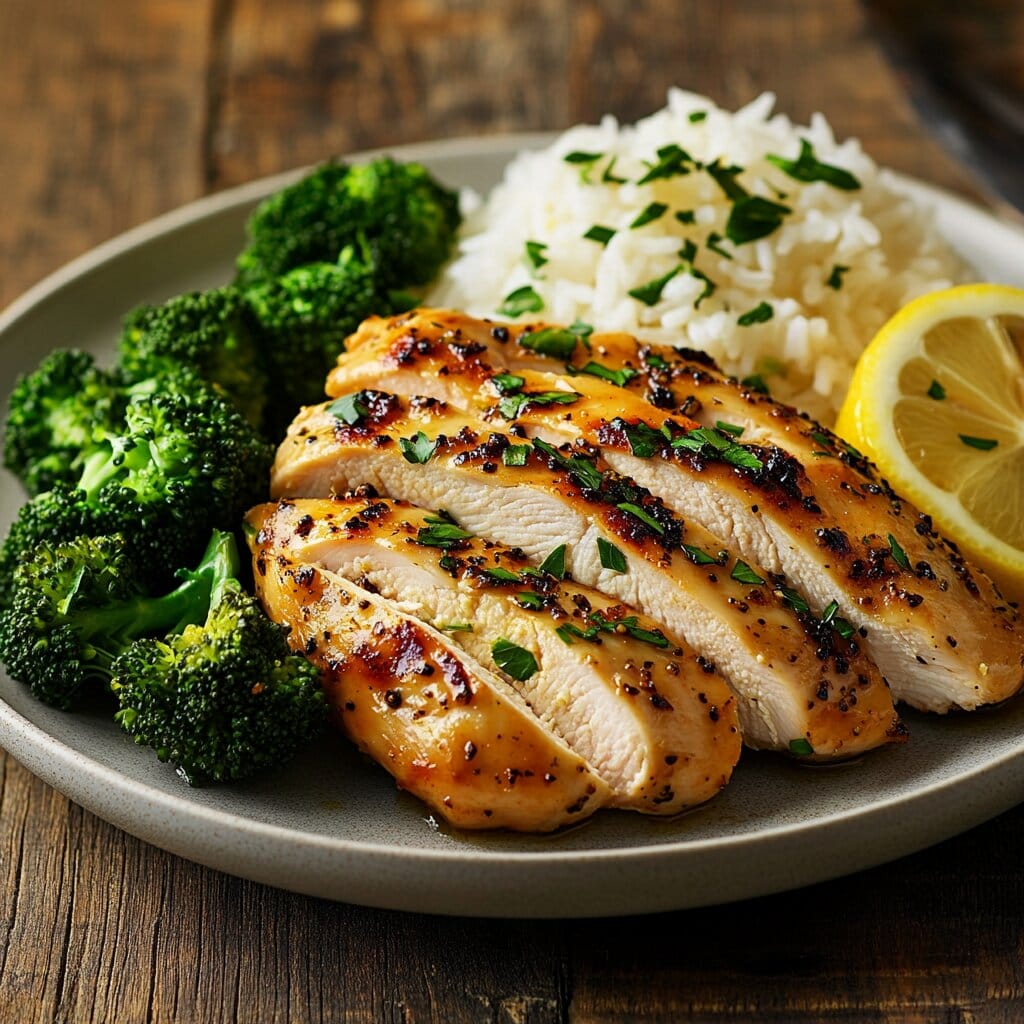 A delicious plate of chicken and broccoli with rice and a lemon garnish