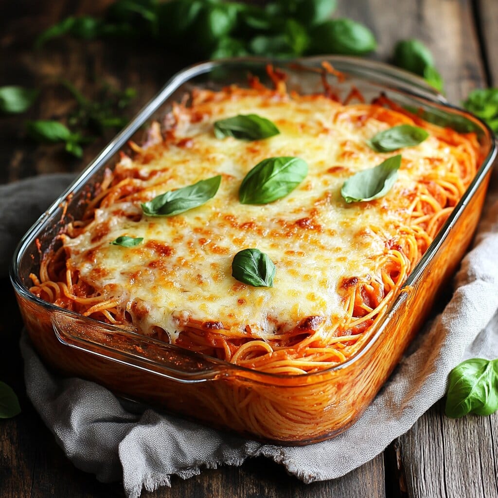 A realistic image of a freshly baked spaghetti casserole in a clear glass baking dish, with golden cheese bubbling on top, set on a rustic wooden table, surrounded by fresh basil and a linen napkin.