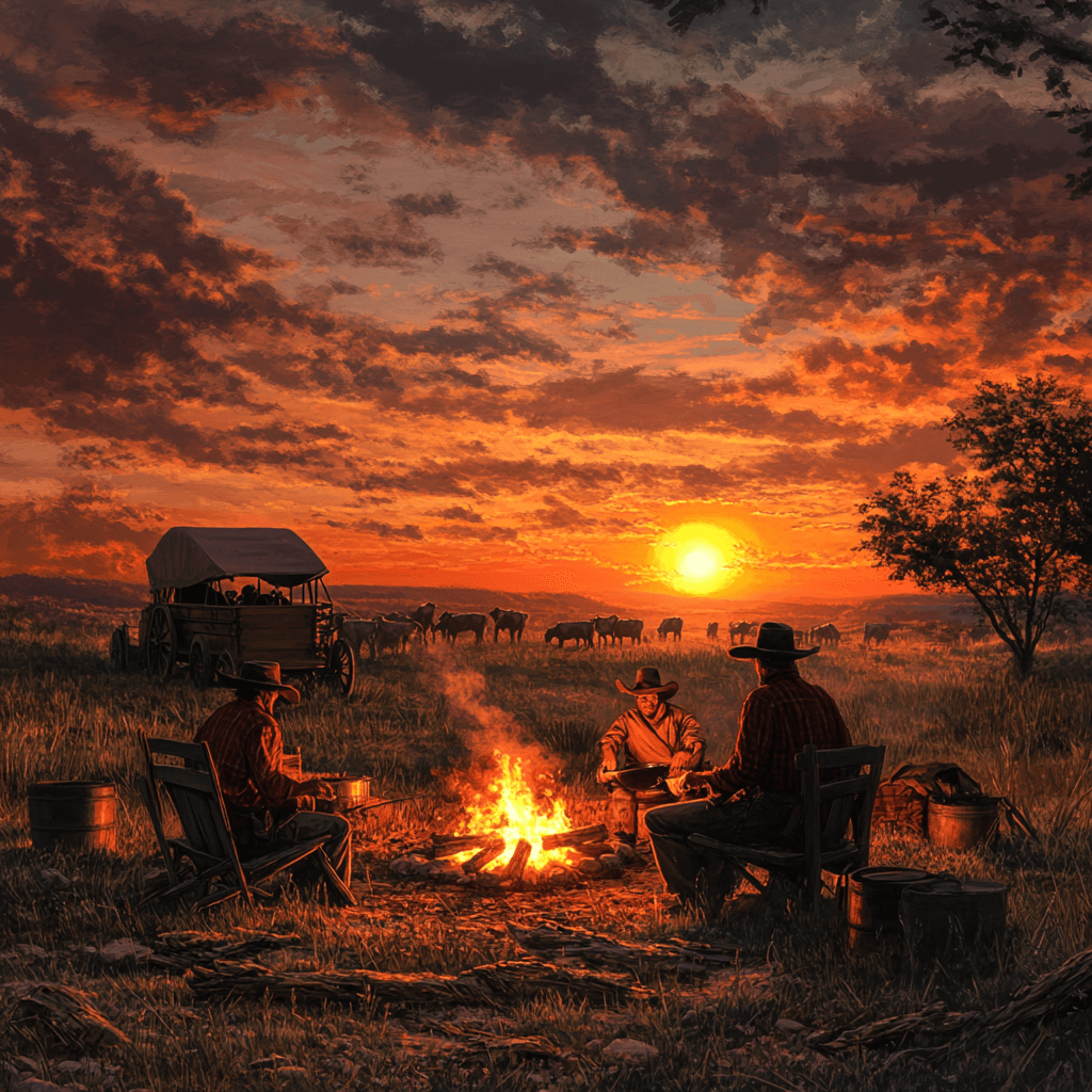 Cowboys cooking over a campfire on a cattle drive