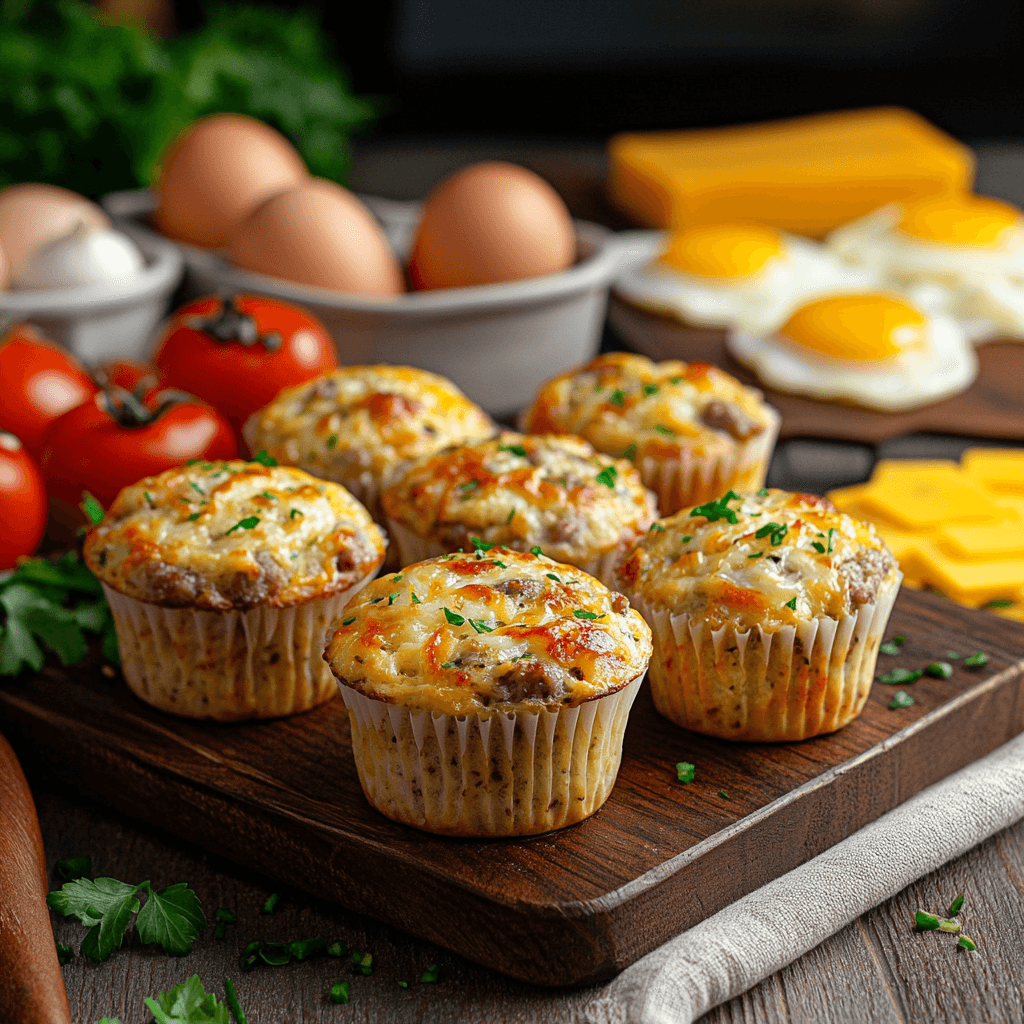 Freshly baked sausage breakfast muffins on a wooden board.