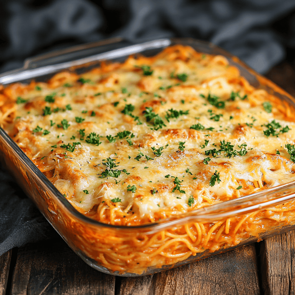 A golden-brown spaghetti casserole topped with melted cheese and fresh parsley.