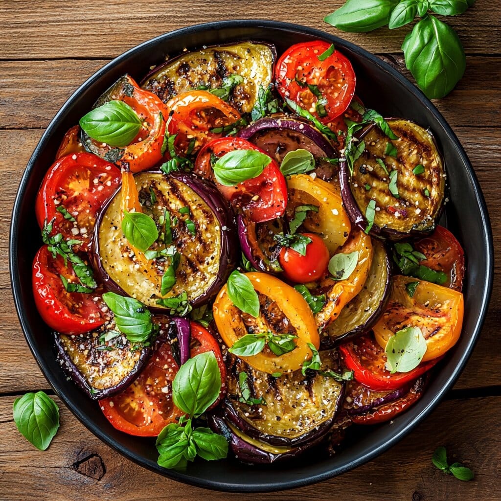 A vibrant plate of roasted eggplant with fresh vegetables and spices.