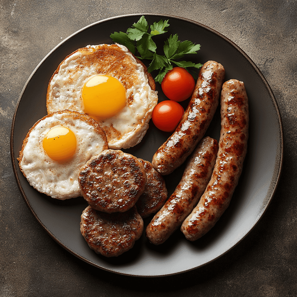 A plate showcasing breakfast sausage patties alongside regular sausage links.