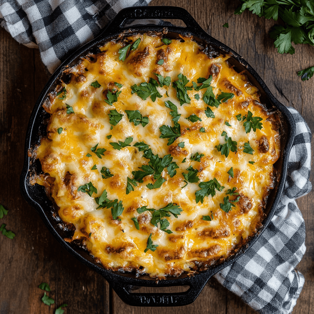 A golden-brown casserole with cheese bubbling on top, fresh out of the oven.