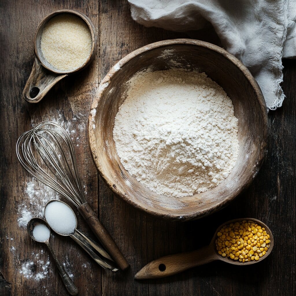 A wooden bowl with homemade Jiffy Mix substitute ingredients displayed, including flour, cornmeal, and sugar.