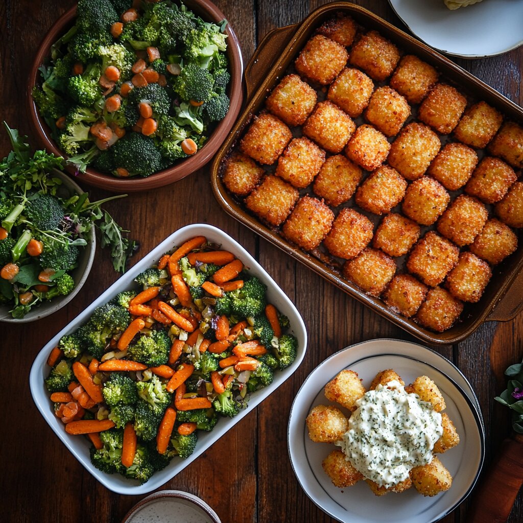 Roasted carrots, broccoli, and a Caesar salad served with a casserole.
