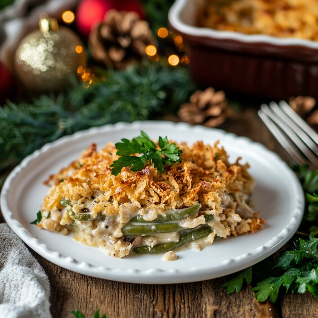 A plated serving of green bean casserole with fresh herbs.