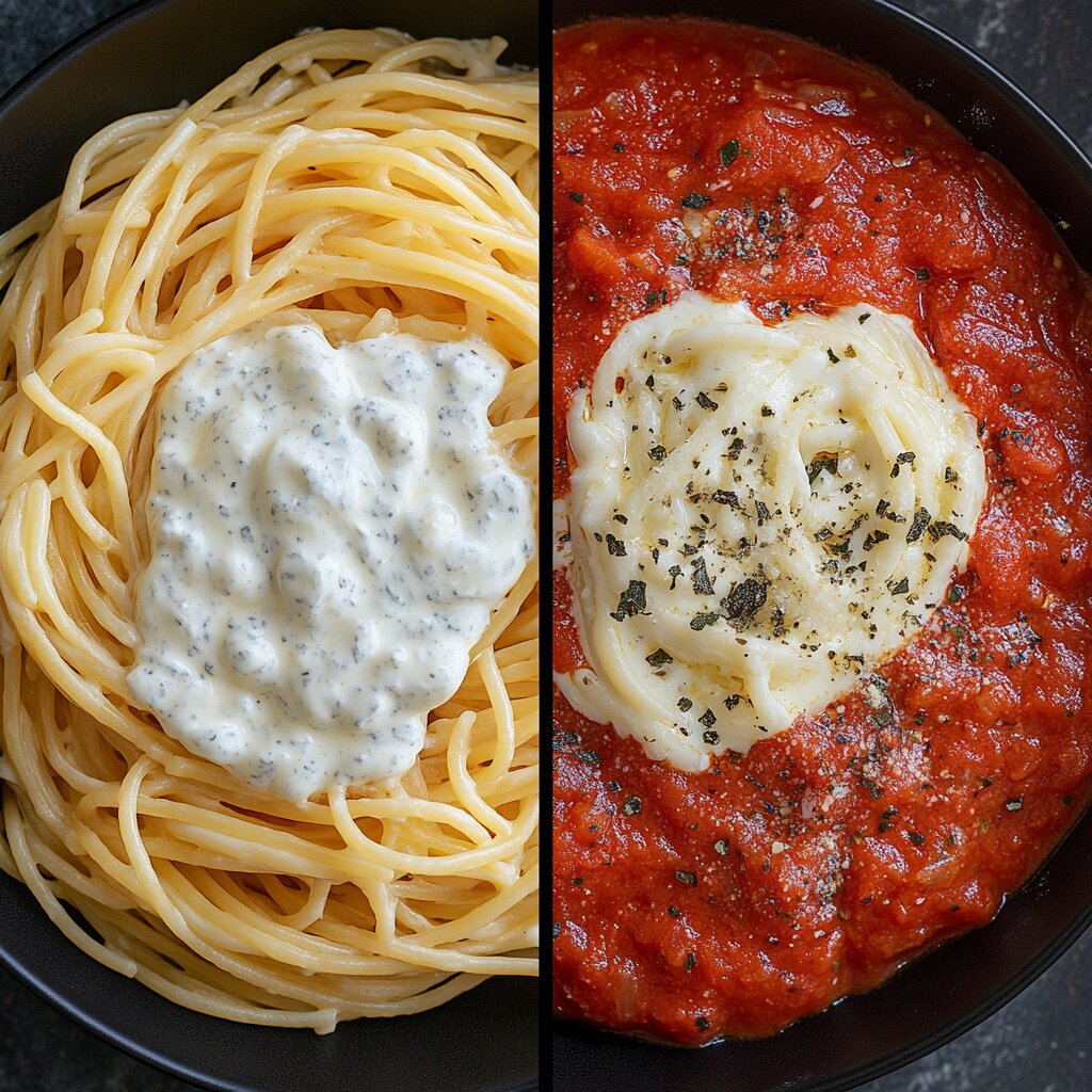 A comparison of creamy spaghetti sauce with and without sour cream.
