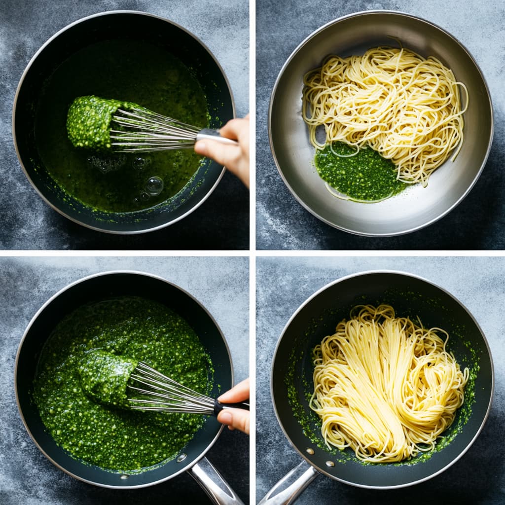 Step-by-step preparation of green spaghetti.