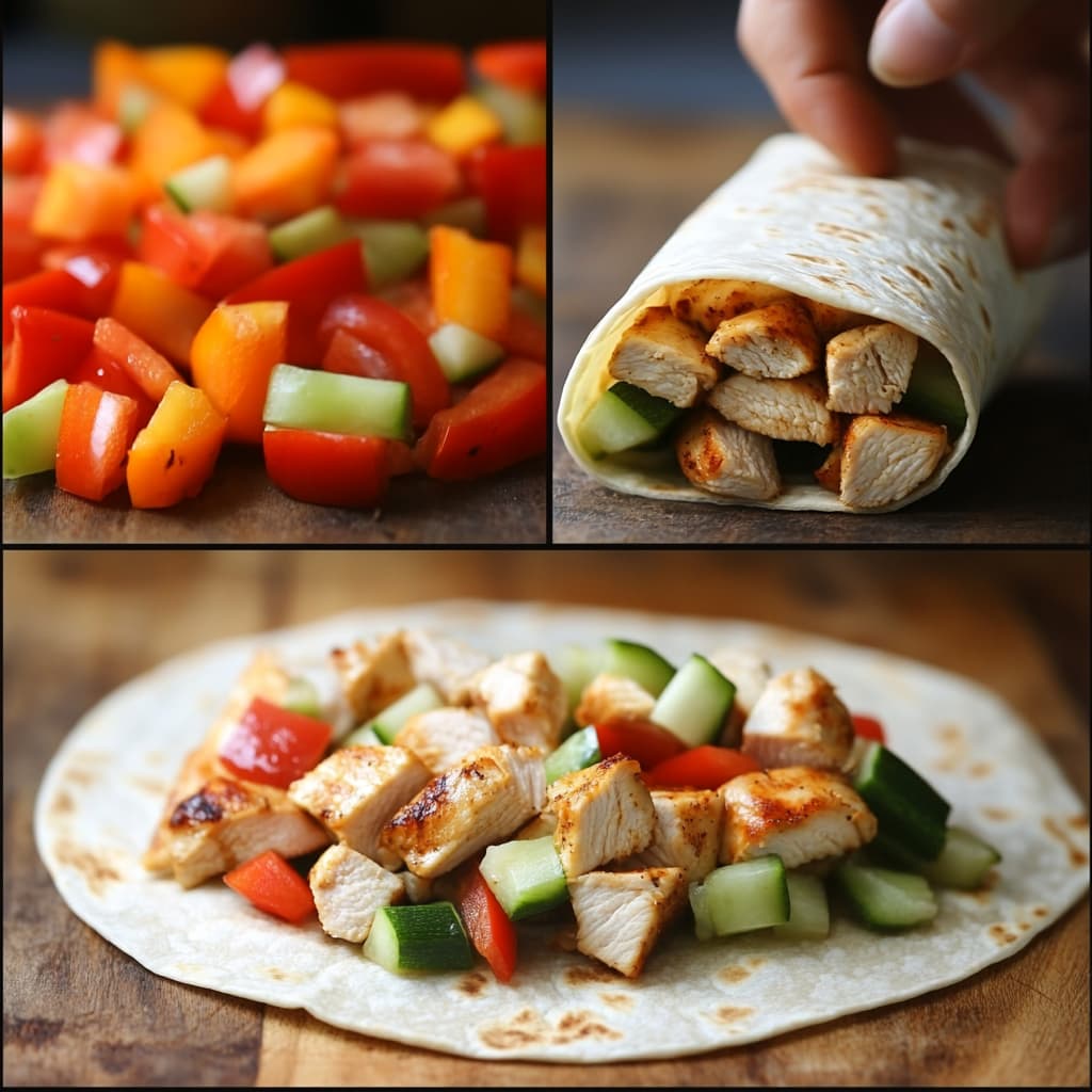 Assembling a grilled chicken wrap.