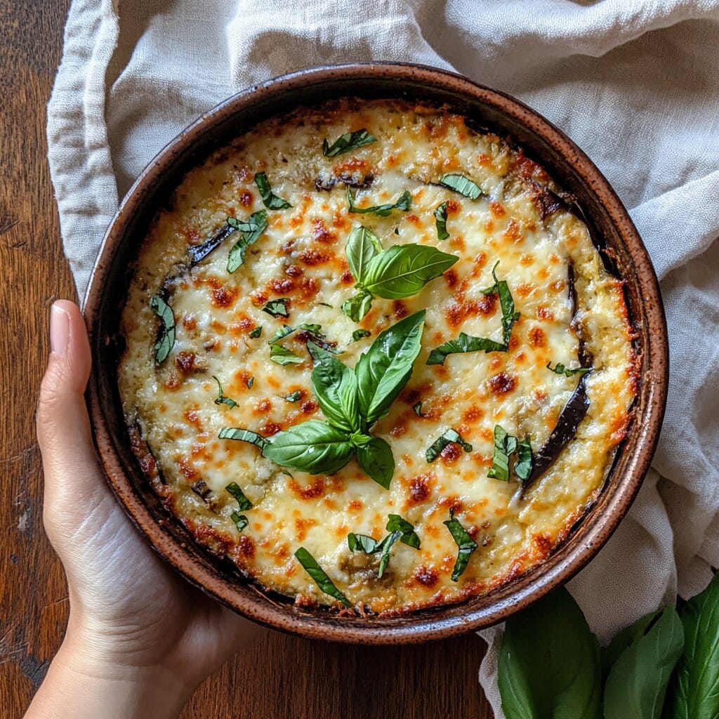 A freshly baked eggplant casserole in a rustic dish with melted cheese and herbs on top.