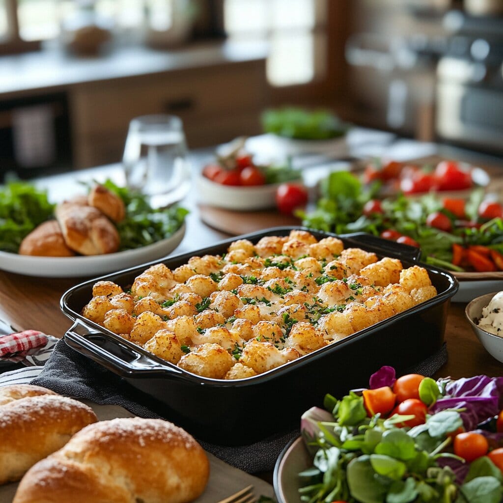 A beautifully presented tater tot casserole served with fresh side dishes.