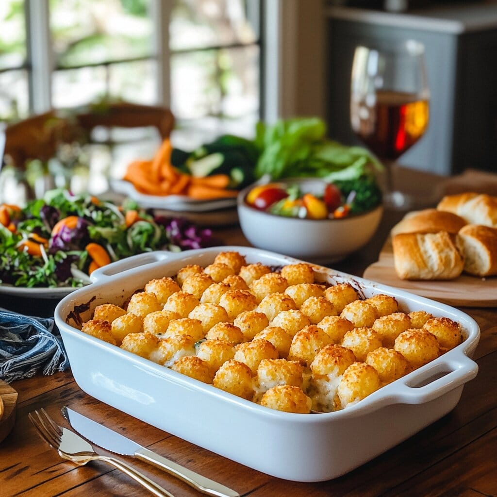 A dish of tater tot hotdish fresh out of the oven