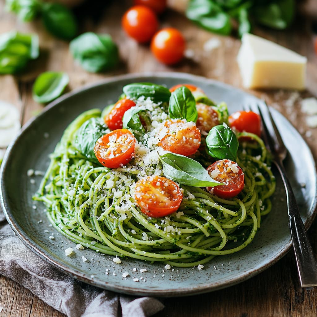 A colorful dish of green spaghetti garnished with basil and cheese.