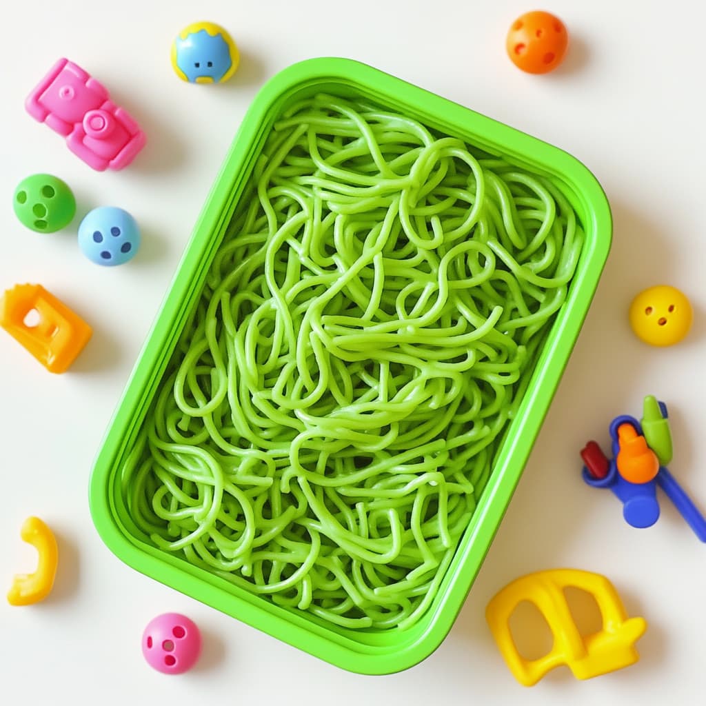 Green spaghetti in a sensory bin with colorful toys.