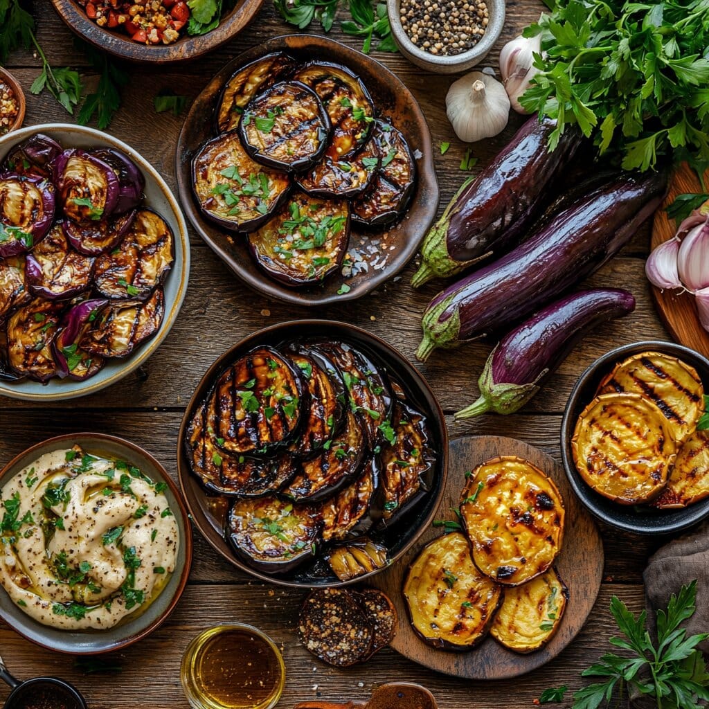 A variety of cooked eggplant dishes displayed on a wooden table.