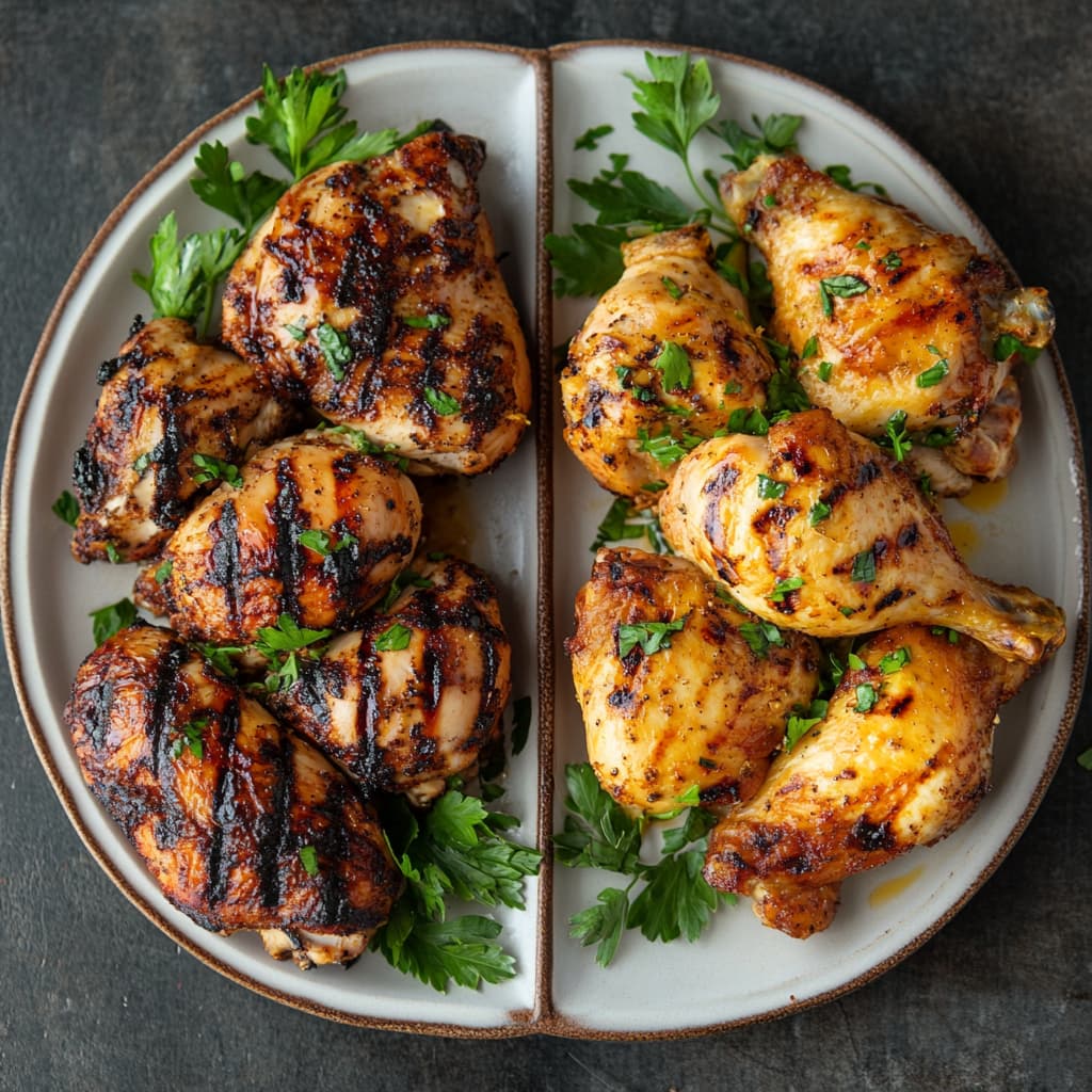 A comparison of grilled and pan-fried chicken.