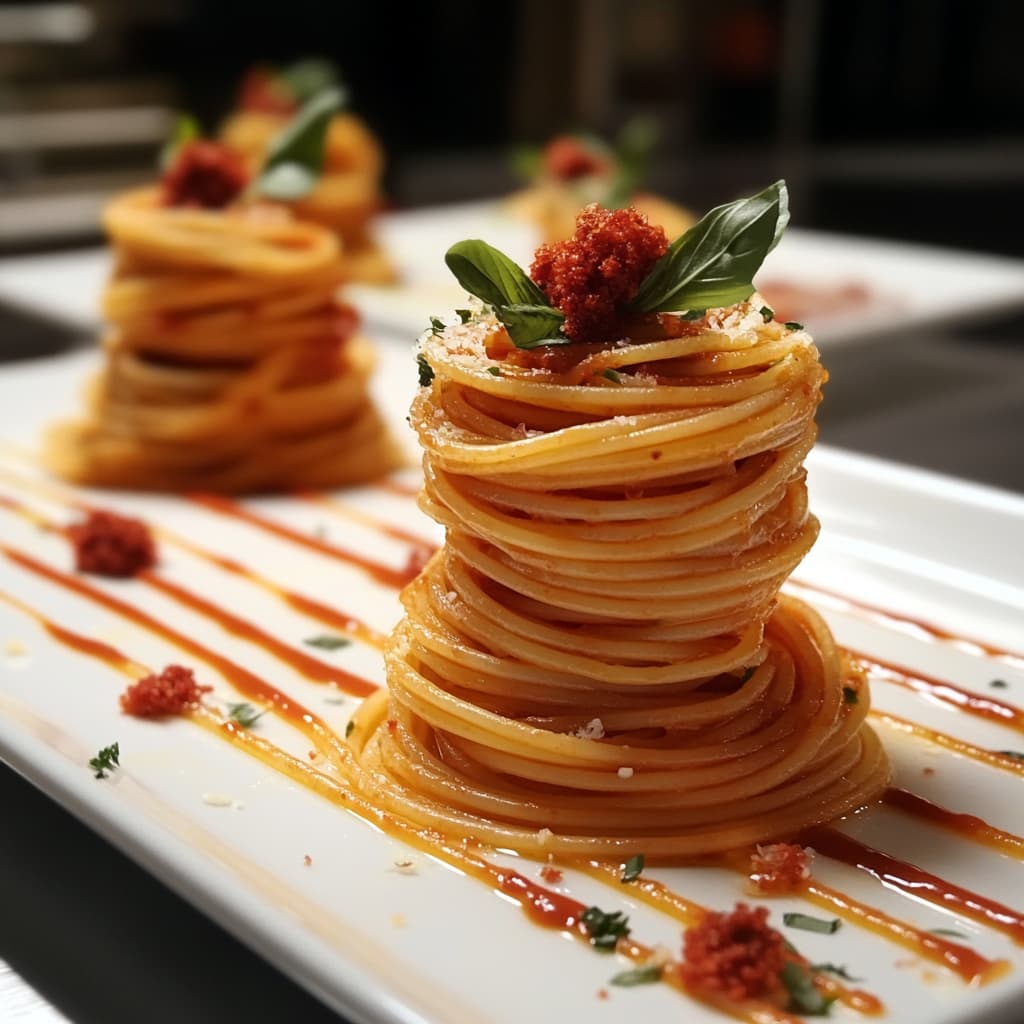 A plated dish of spaghetti with meatballs and basil garnish.