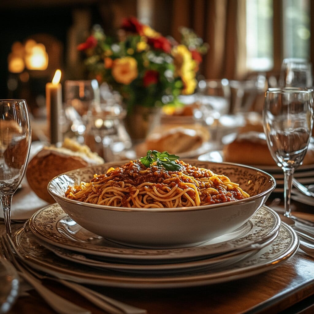 A large serving bowl of spaghetti with tomato sauce, surrounded by plates and fresh bread on a dining table.
