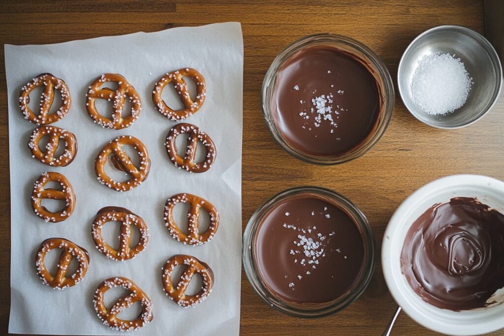 Homemade chocolate-dipped pretzels with sea salt.
