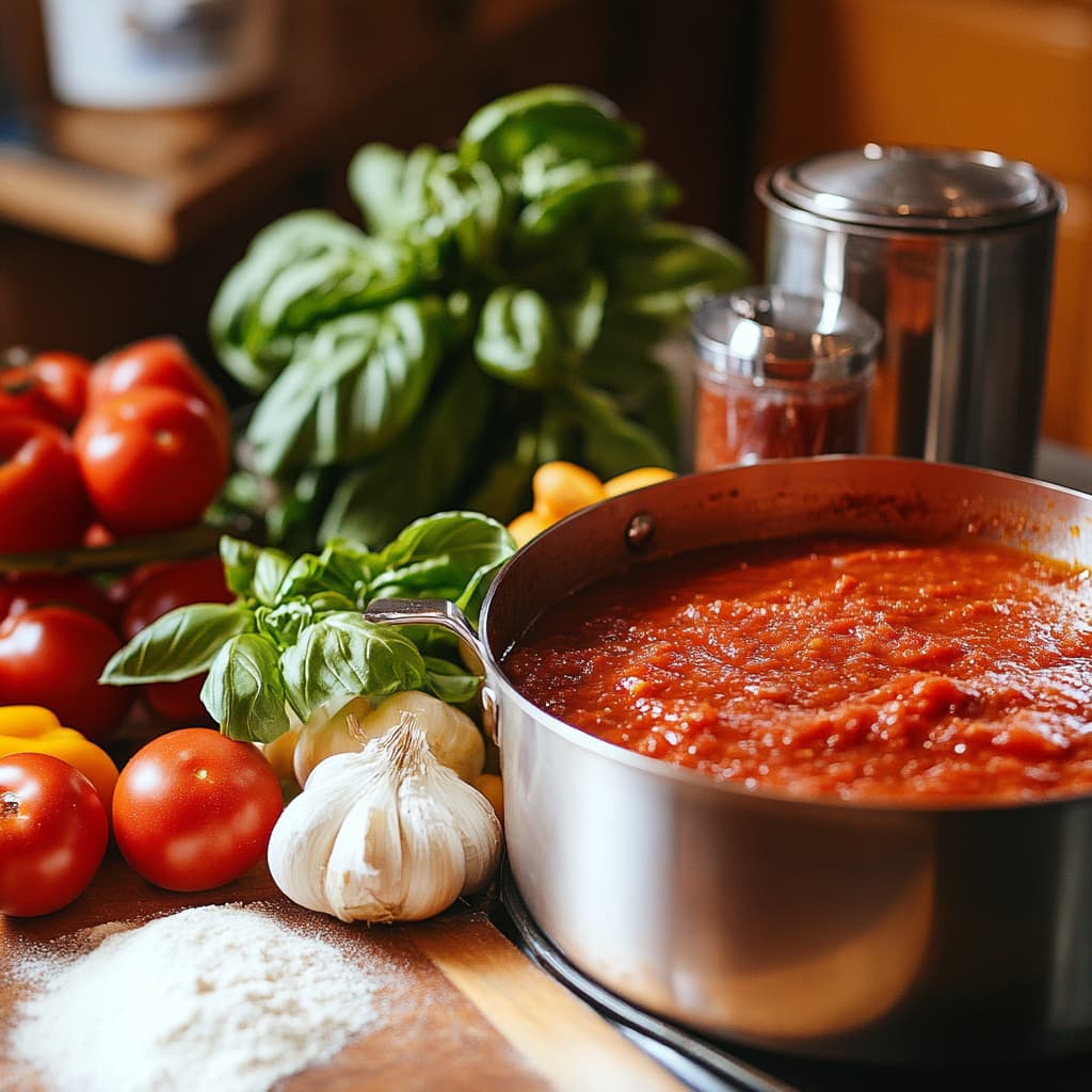 Thickening agents for spaghetti sauce displayed near a pot.