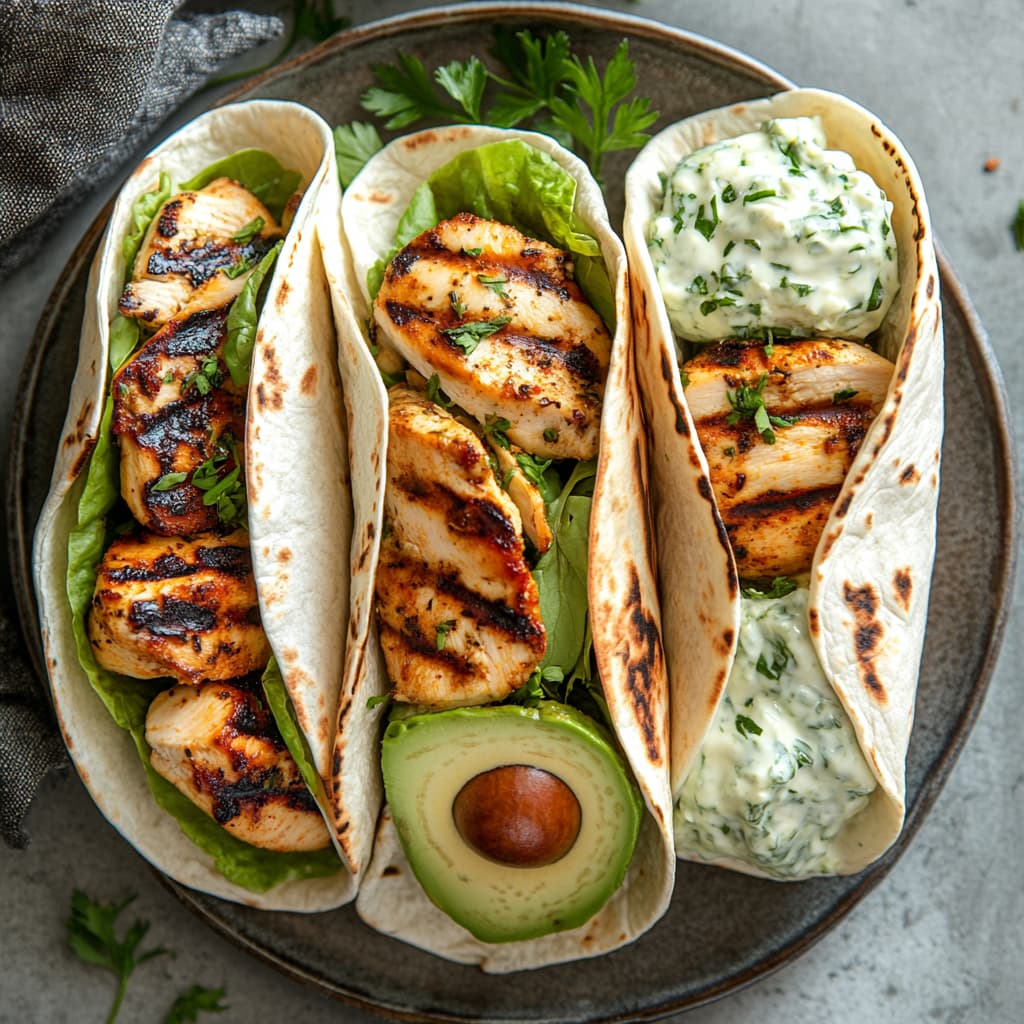 Different healthy variations of grilled chicken wraps.