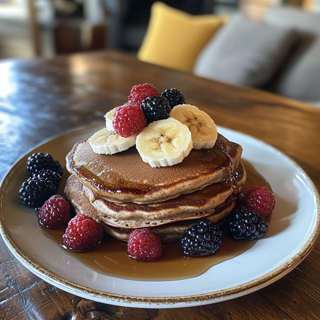 A stack of banana and whole wheat pancakes with sugar-free maple syrup and fresh fruit.