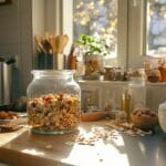 A jar of homemade granola with natural ingredients.