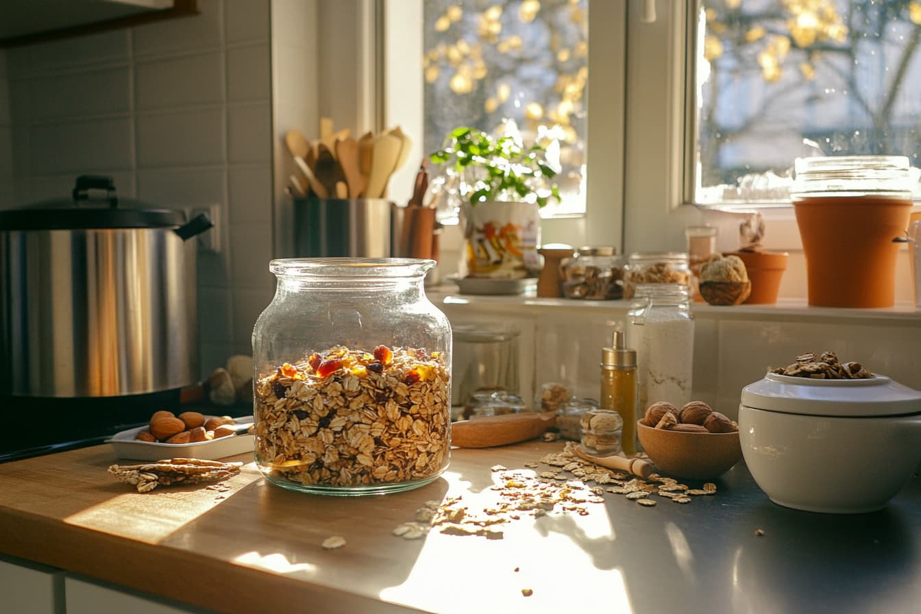 A jar of homemade granola with natural ingredients.