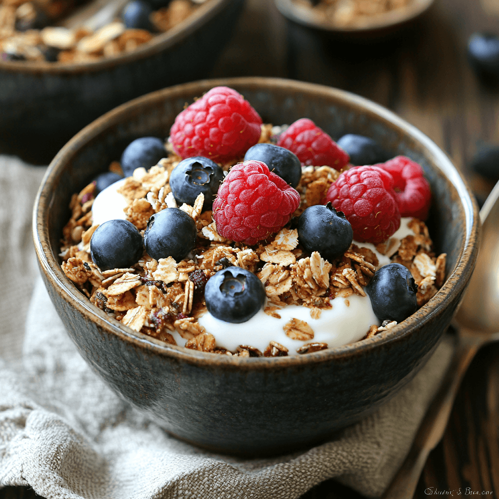 A bowl of granola with fresh berries and Greek yogurt.