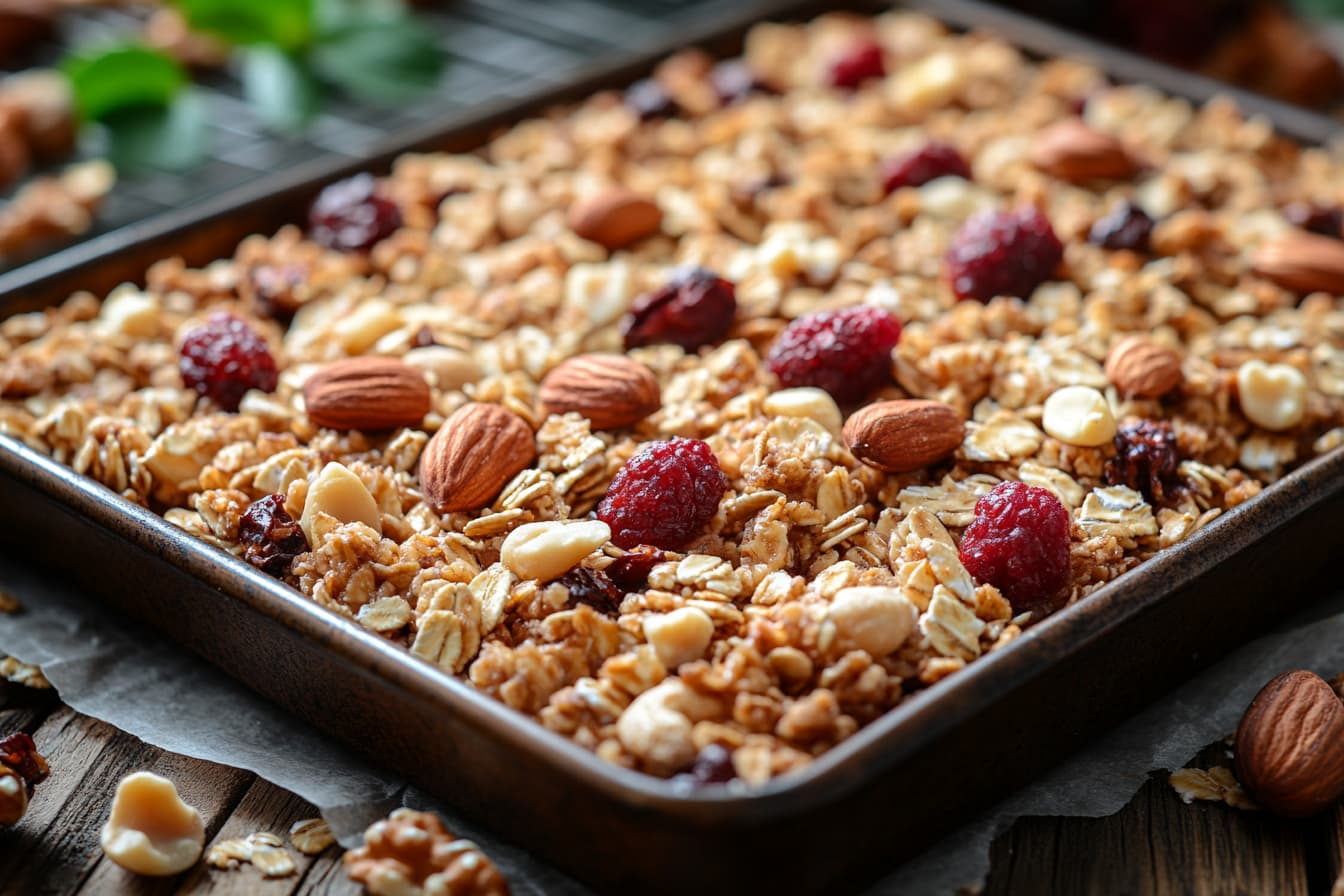A tray of freshly baked, crunchy granola cooling on a wooden table.