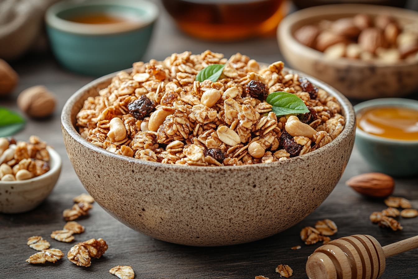 A bowl of golden granola clusters with honey, maple syrup, and nut butter.