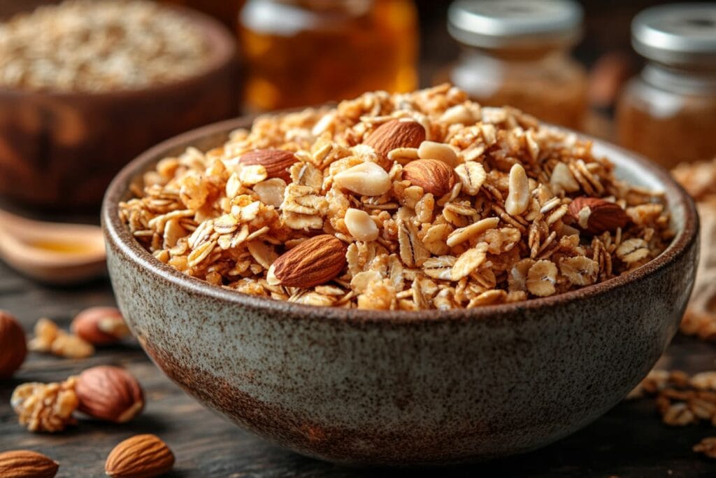 A bowl of homemade vanilla nut granola with oats, nuts, and honey on a wooden table.