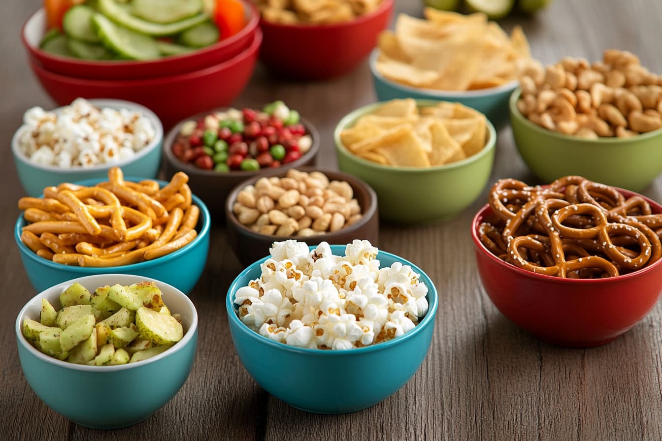 A variety of salty snacks on a wooden table.