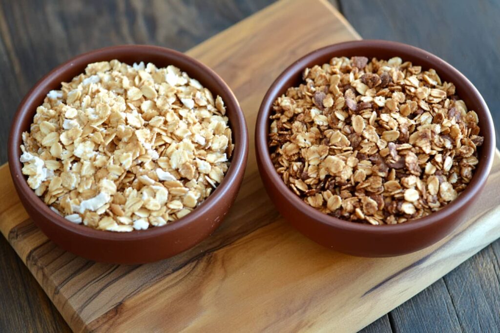 Homemade and store-bought vanilla granola displayed side by side.