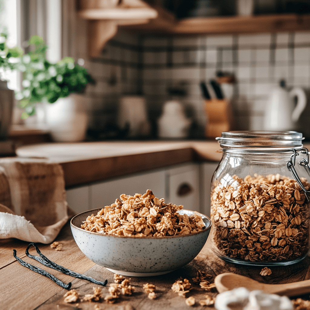 Low-carb vanilla nut granola in a jar and served in a bowl with almond milk.