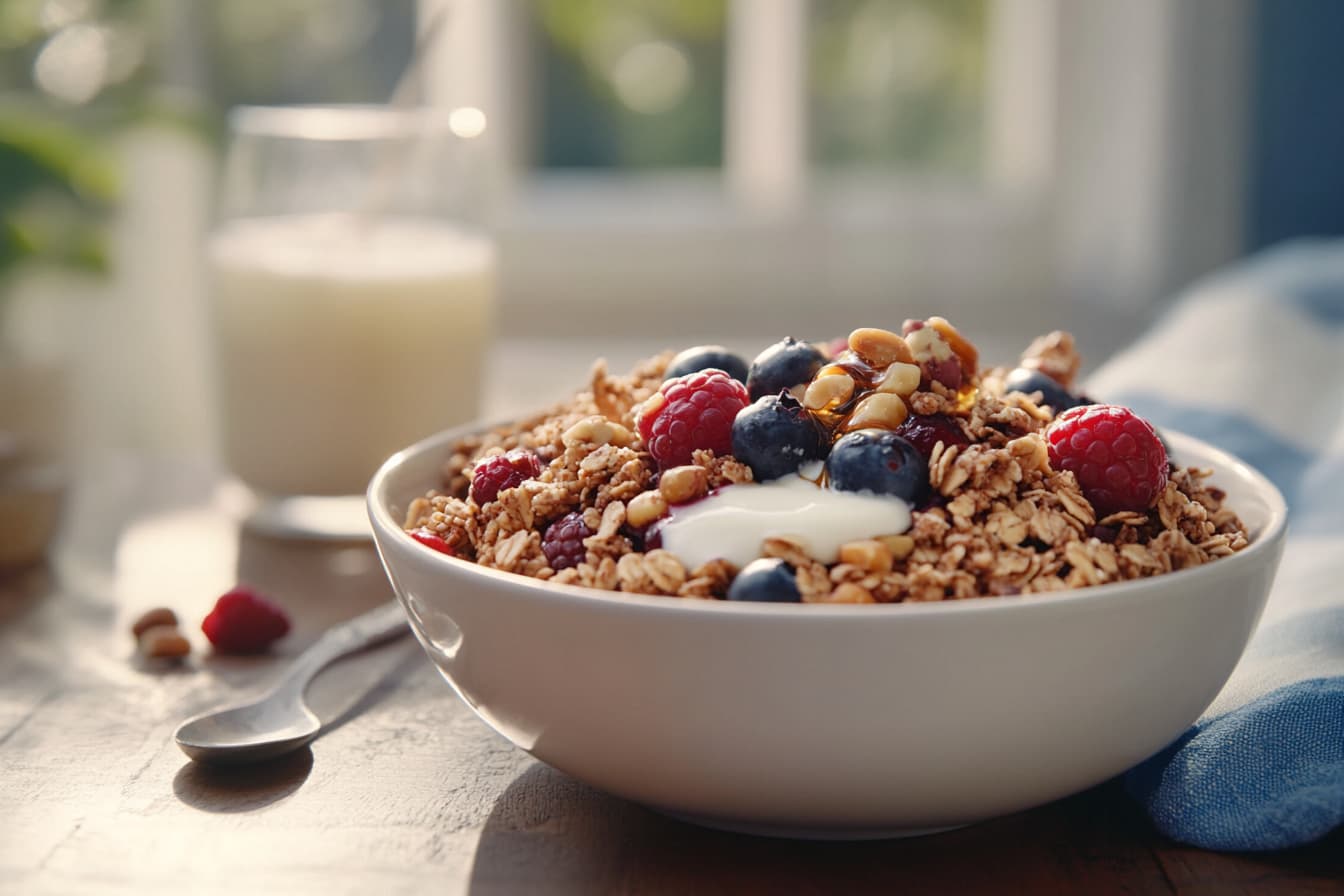Bowl of vanilla granola with fresh berries and honey on a breakfast table.