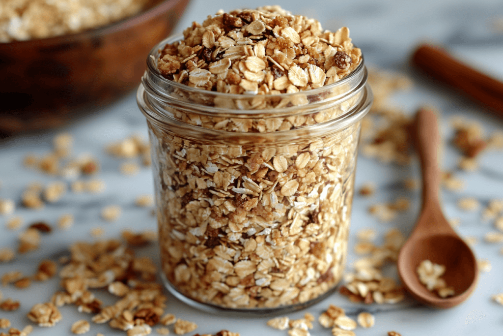 A jar of homemade crunchy granola on a kitchen counter.