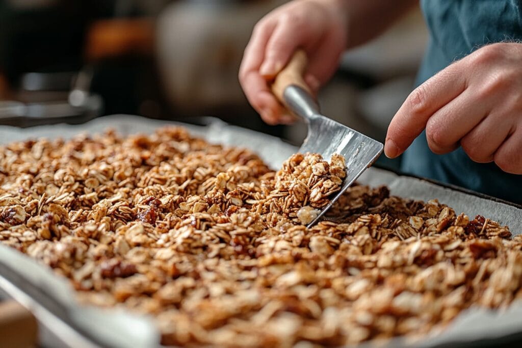 Granola mixture being spread evenly on a baking sheet with parchment paper.