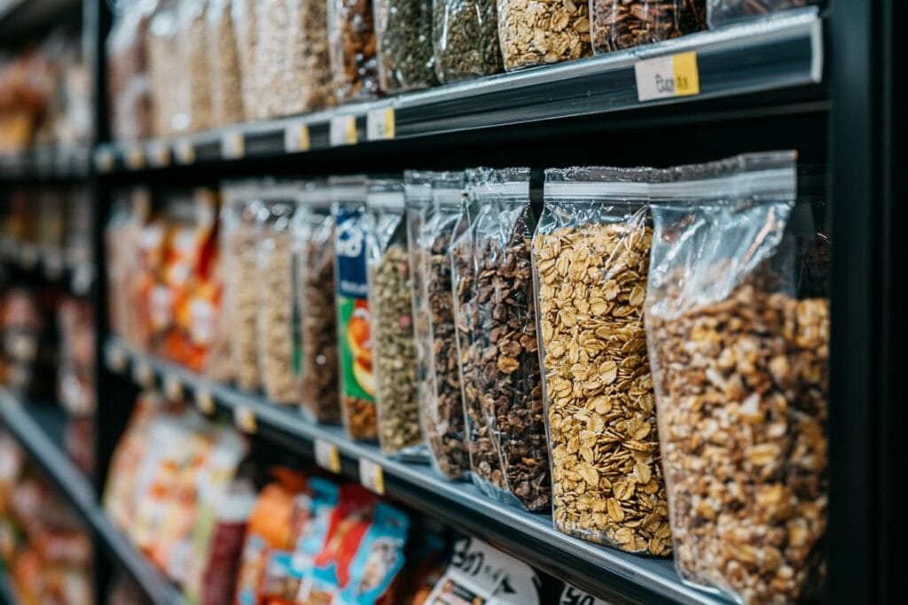Store shelves with different granola brands.