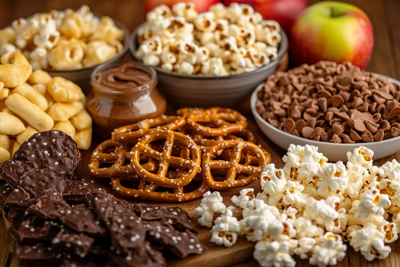 Sweet and salty snacks on a table.